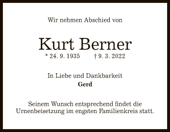 Anzeige von Kurt Berner von Reutlinger General-Anzeiger