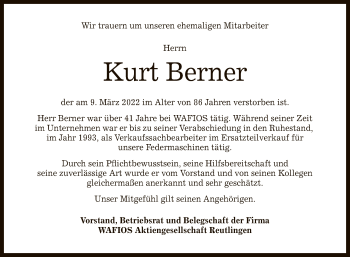 Anzeige von Kurt Berner von Reutlinger General-Anzeiger