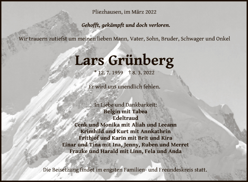  Traueranzeige für Lars Grünberg vom 12.03.2022 aus Reutlinger General-Anzeiger