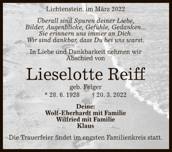 Anzeige von Lieselotte Reiff von Reutlinger General-Anzeiger