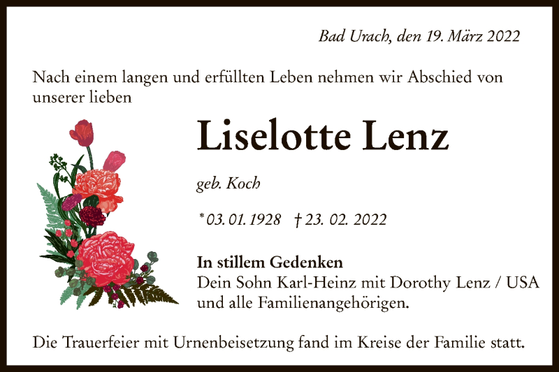  Traueranzeige für Liselotte Lenz vom 19.03.2022 aus Reutlinger General-Anzeiger