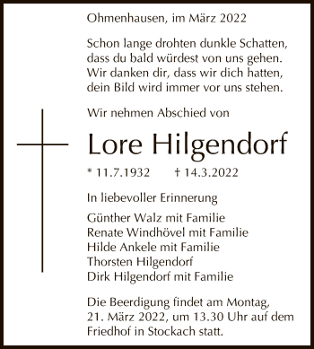 Anzeige von Lore Hilgendorf von Reutlinger General-Anzeiger