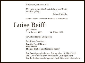 Anzeige von Luise Reiff von Reutlinger General-Anzeiger
