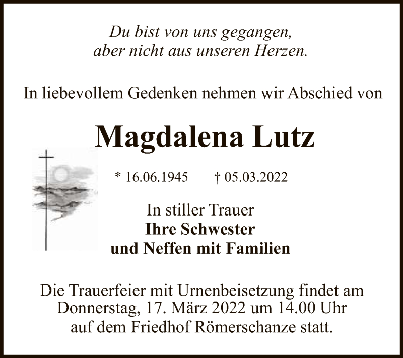  Traueranzeige für Magdalena Lutz vom 12.03.2022 aus Reutlinger General-Anzeiger