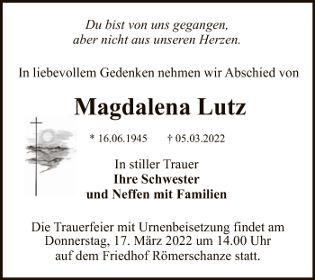 Anzeige von Magdalena Lutz von Reutlinger General-Anzeiger