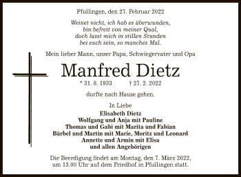 Anzeige von Manfred Dietz von Reutlinger General-Anzeiger