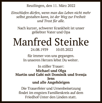 Anzeige von Manfred Steinke von Reutlinger General-Anzeiger