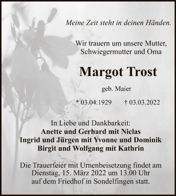 Anzeige von Margot Trost von Reutlinger General-Anzeiger