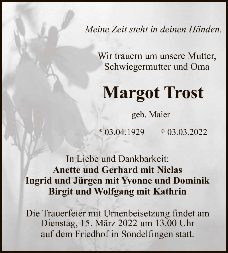  Traueranzeige für Margot Trost vom 09.03.2022 aus Reutlinger General-Anzeiger