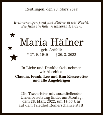 Anzeige von Maria Häfner von Reutlinger General-Anzeiger