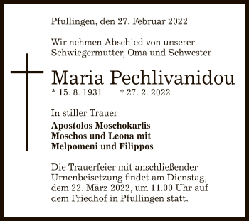 Anzeige von Maria Pechlivanidou von Reutlinger General-Anzeiger