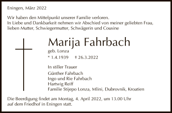 Anzeige von Marija Fahrbach von Reutlinger General-Anzeiger