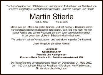 Anzeige von Martin Stierle von Reutlinger General-Anzeiger