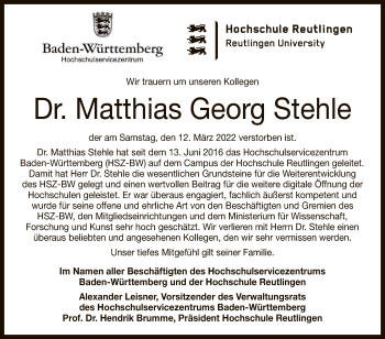 Anzeige von Matthias Georg Stehle von Reutlinger General-Anzeiger