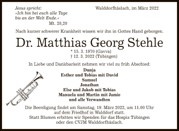 Anzeige von Matthias Georg Stehle von Reutlinger General-Anzeiger