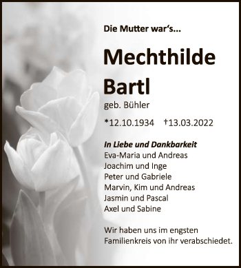 Anzeige von Mechthilde Bartl von Reutlinger General-Anzeiger