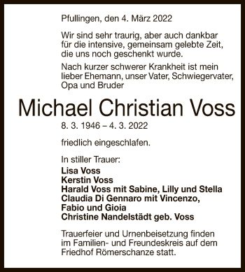 Anzeige von Michael Christian Voss von Reutlinger General-Anzeiger