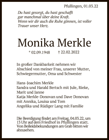 Anzeige von Monika Merkle von Reutlinger General-Anzeiger