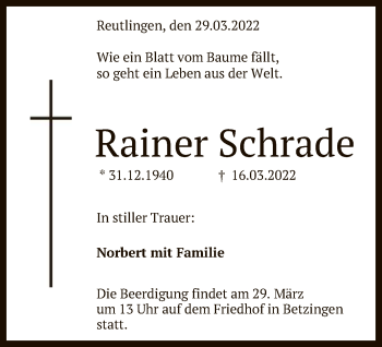 Anzeige von Rainer Schrade von Reutlinger General-Anzeiger