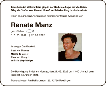 Anzeige von Renate Manz von Reutlinger General-Anzeiger