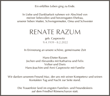 Anzeige von Renate Razum von Reutlinger General-Anzeiger