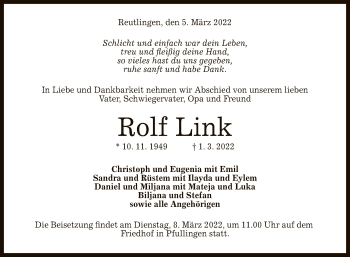 Anzeige von Rolf Link von Reutlinger General-Anzeiger