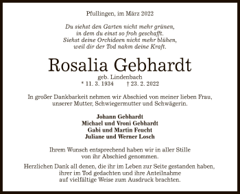 Anzeige von Rosalia Gebhardt von Reutlinger General-Anzeiger