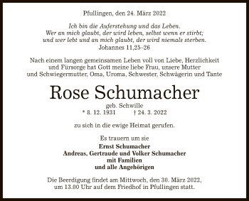 Anzeige von Rose Schumacher von Reutlinger General-Anzeiger