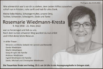 Anzeige von Rosemarie Wiedmann-Kresta von Reutlinger General-Anzeiger