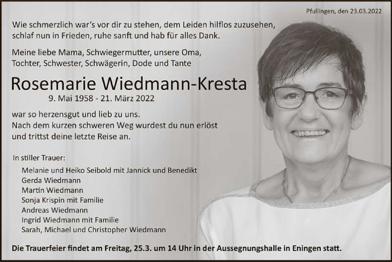  Traueranzeige für Rosemarie Wiedmann-Kresta vom 23.03.2022 aus Reutlinger General-Anzeiger