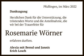Anzeige von Rosemarie Wörner von Reutlinger General-Anzeiger