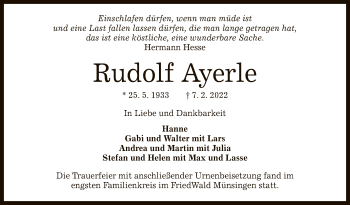 Anzeige von Rudolf Ayerle von Reutlinger General-Anzeiger
