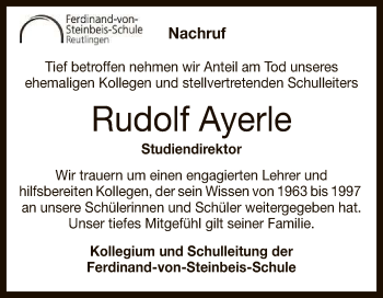 Anzeige von Rudolf Ayerle von Reutlinger General-Anzeiger