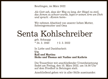 Anzeige von Senta Kohlschreiber von Reutlinger General-Anzeiger