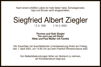 Anzeige von Siegfried Albert Ziegler von Reutlinger General-Anzeiger