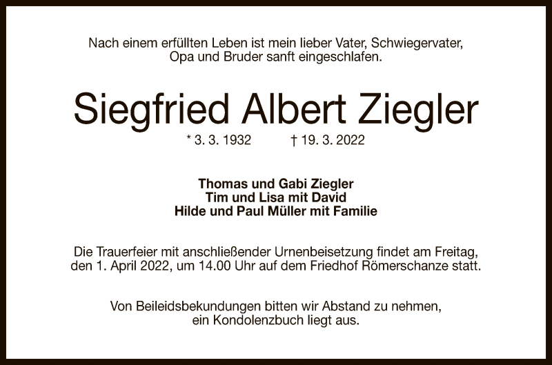  Traueranzeige für Siegfried Albert Ziegler vom 26.03.2022 aus Reutlinger General-Anzeiger