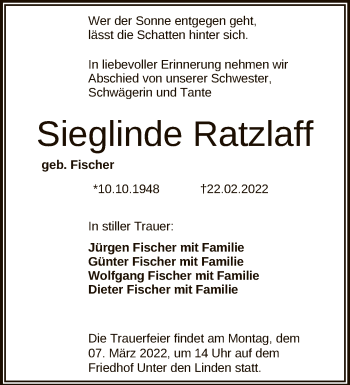 Anzeige von Sieglinde Ratzlaff von Reutlinger General-Anzeiger