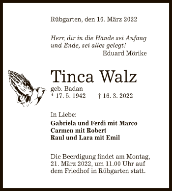 Anzeige von Tinca Walz von Reutlinger General-Anzeiger