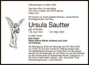 Anzeige von Ursula Sautter von Reutlinger General-Anzeiger