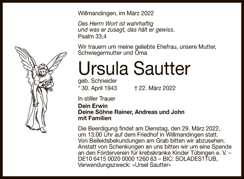  Traueranzeige für Ursula Sautter vom 25.03.2022 aus Reutlinger General-Anzeiger