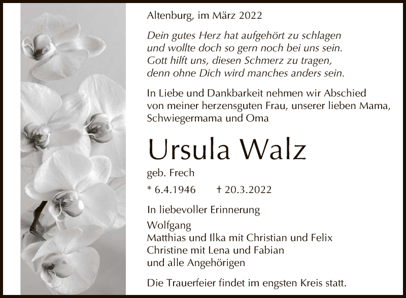  Traueranzeige für Ursula Walz vom 26.03.2022 aus Reutlinger General-Anzeiger
