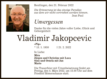 Anzeige von Vladimir Jakopcevic von Reutlinger General-Anzeiger