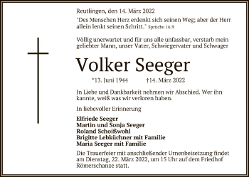 Anzeige von Volker Seeger von Reutlinger General-Anzeiger