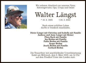 Anzeige von Walter Längst von Reutlinger General-Anzeiger