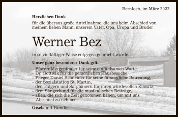 Anzeige von Werner Bez von Reutlinger General-Anzeiger