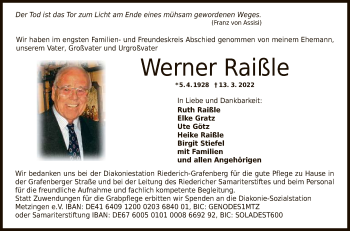 Anzeige von Werner Raißle von Reutlinger General-Anzeiger