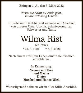 Anzeige von Wilma Rist von Reutlinger General-Anzeiger