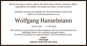 Anzeige von Wolfgang Hanselmann von Reutlinger General-Anzeiger