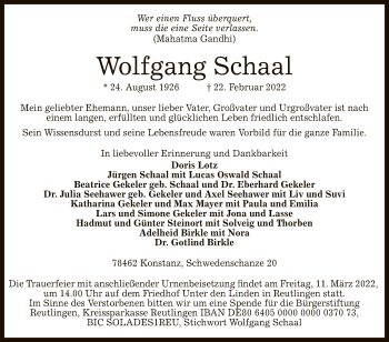 Anzeige von Wolfgang Schaal von Reutlinger General-Anzeiger