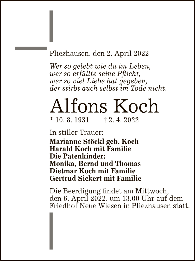  Traueranzeige für Alfons Koch vom 05.04.2022 aus Reutlinger General-Anzeiger